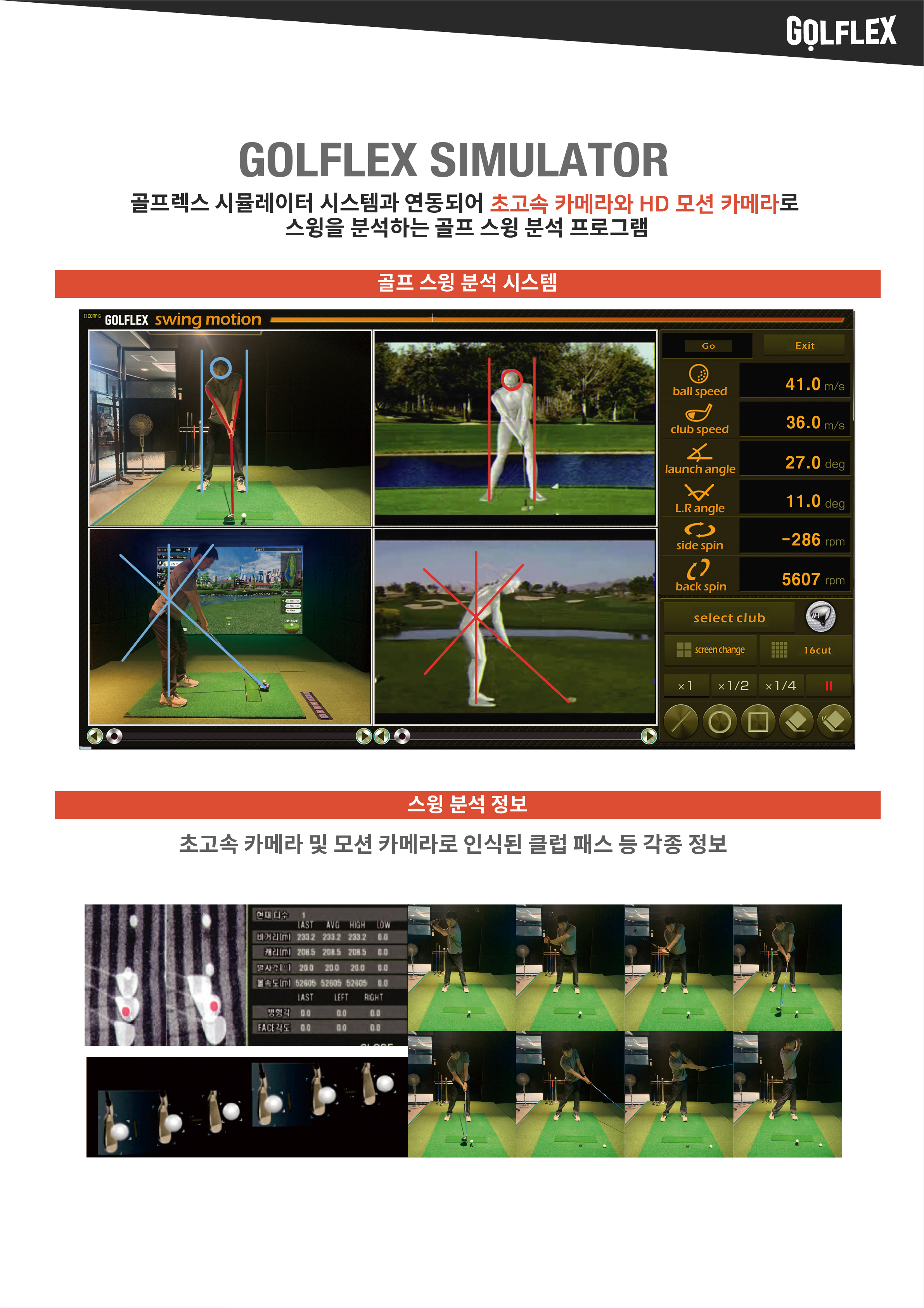 골프렉스 시뮬레이터 시스템과 연동되어 초고속 카메라와 HD 모션 카메라로 스윙을 분석하는 골프 스윙 분석 프로그램